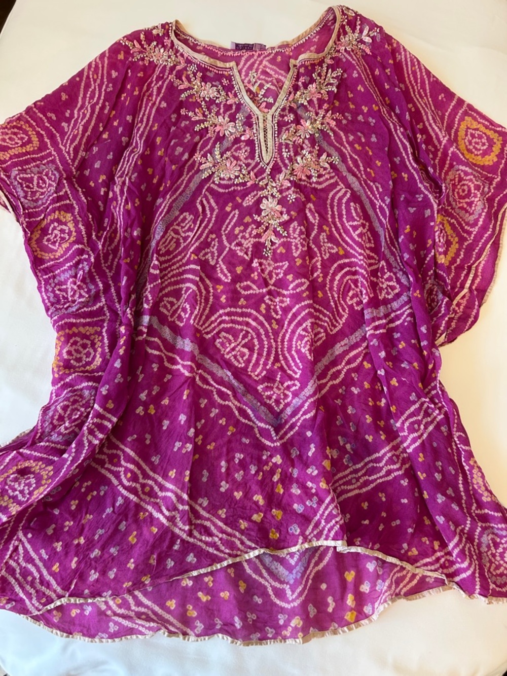 Calypso St. Barth Silk Fuchsia Embroidered Bandhani Tunic Beach Cover UP 1 S